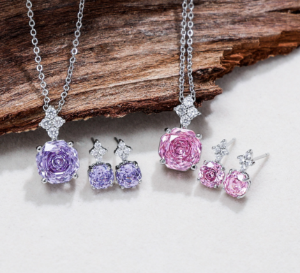 EL1157 Millennial Rose Dream, Fashion Rose Cut Zircon Jewelry Set(necklace,studs,adjustable ring)